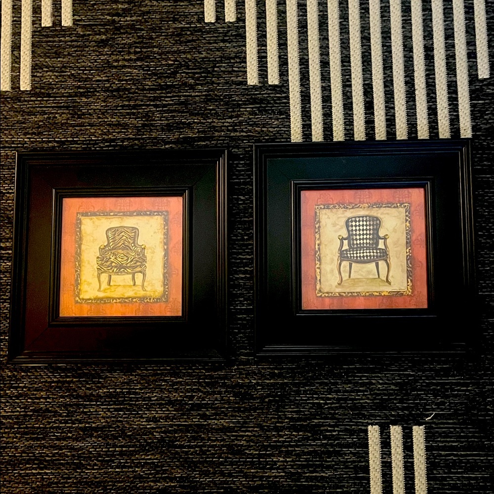 Set of Elegant Graphic, Whimsical Black Framed Chair Art Set of 2